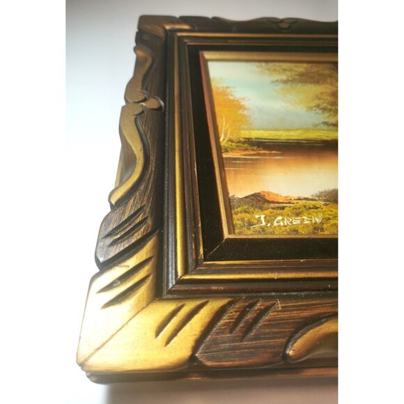 Oil Painting Signed J. Green Guilded Wood Frame Black Velvet Trim Vintage 1950s - Picture 4 of 8